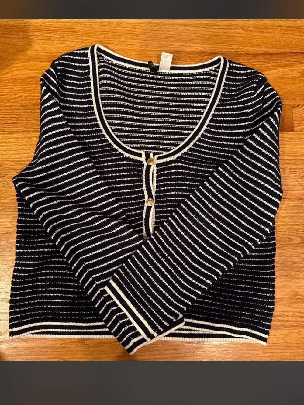 H&M Navy and White Striped Button-Front Knit Top